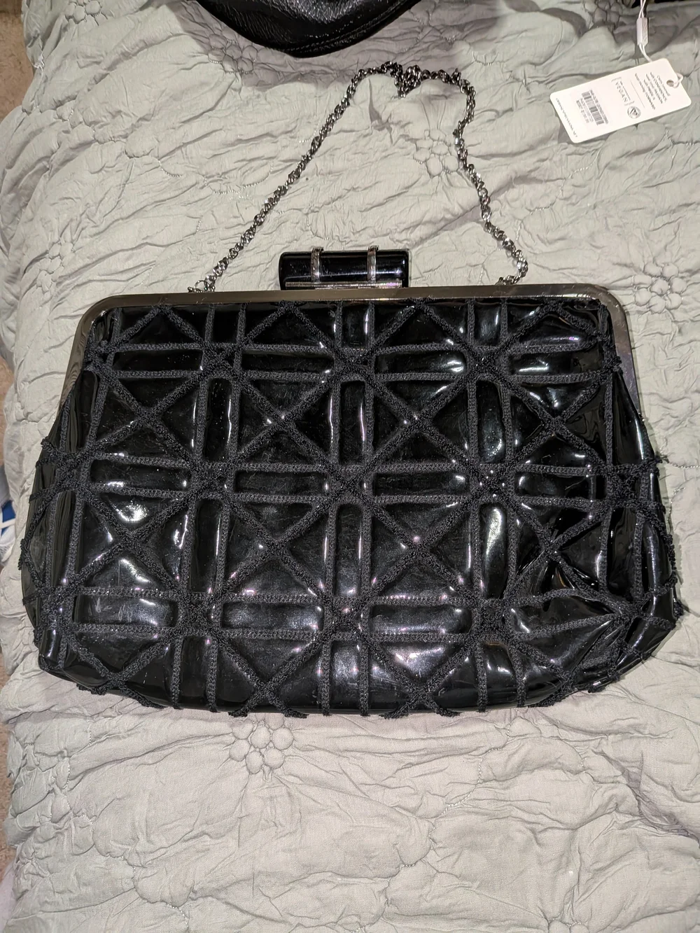 Big Buddha Black Patent Woven Clutch with Chain Strap